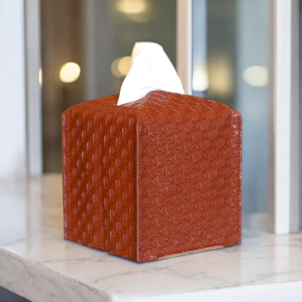 Premium Rattan Pu Leather Tissue  Box Cover Square, Modern Design Brown Colour