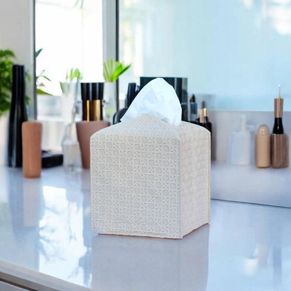 Premium PU Rattan checkered Tissue Box Designed Cover Beige Colour